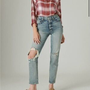 DREW Blue Straight Leg Jeans with Distressed Details